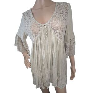 Kori America Half Sleeve Baby Doll Blouse With Crochet Flowers